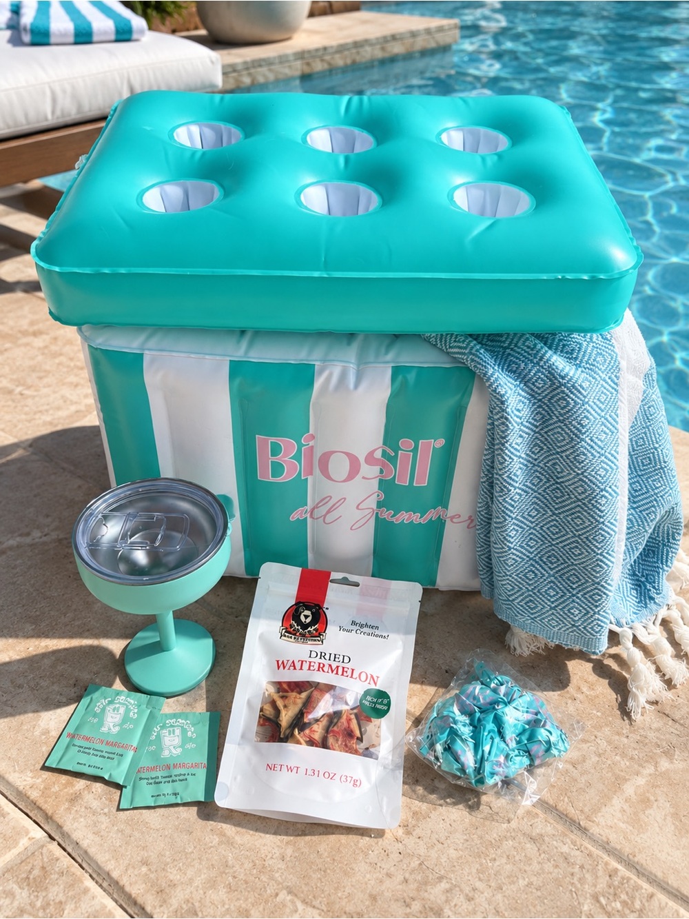 Biosilk Teal and White Striped Inflatable Cooler with Teal Lid